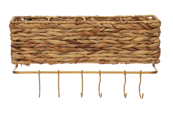 Hand-Woven Straw and Brass Wall Basket