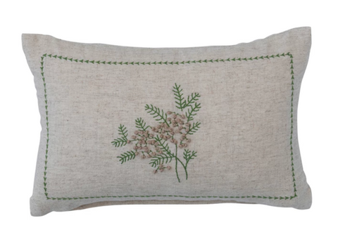 Cotton & Linen Lumbar Pillow w/ Botanical, Embroidery & French Knots
