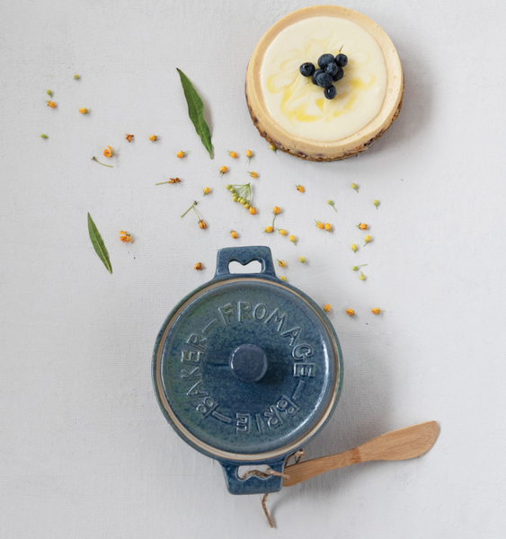 Earthen Stoneware Brie Baker w/ Bamboo Spoon