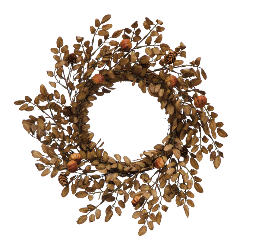 Round Faux Leaf Wreath w/ Pinecones & Rose Hips