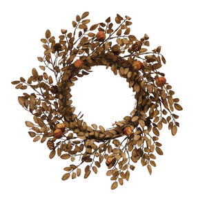 Round Faux Leaf Wreath w/ Pinecones & Rose Hips