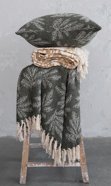 Woven Recycled Cotton Throw w/ Pine Needles Pattern & Fringe