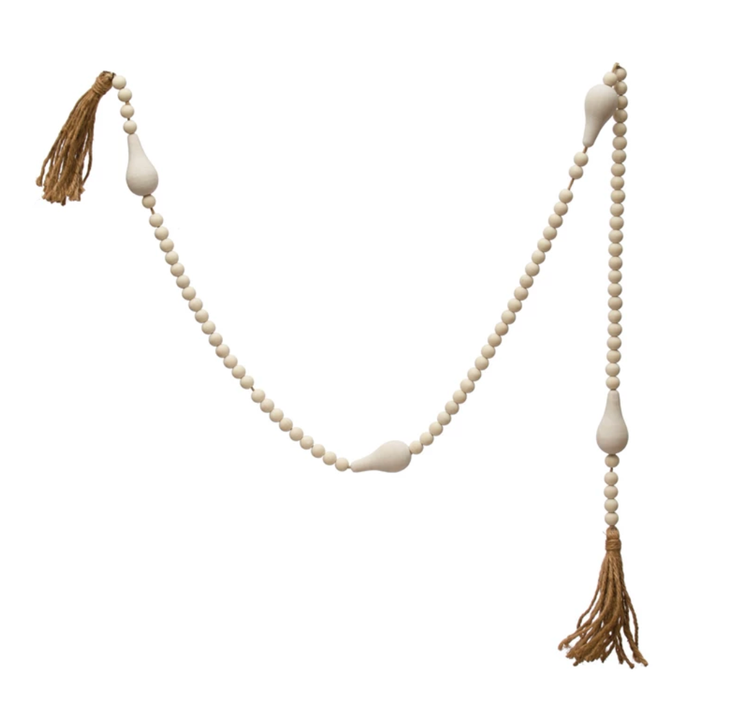 White Paulownia Wood Bead Garland w/ Jute Tassels