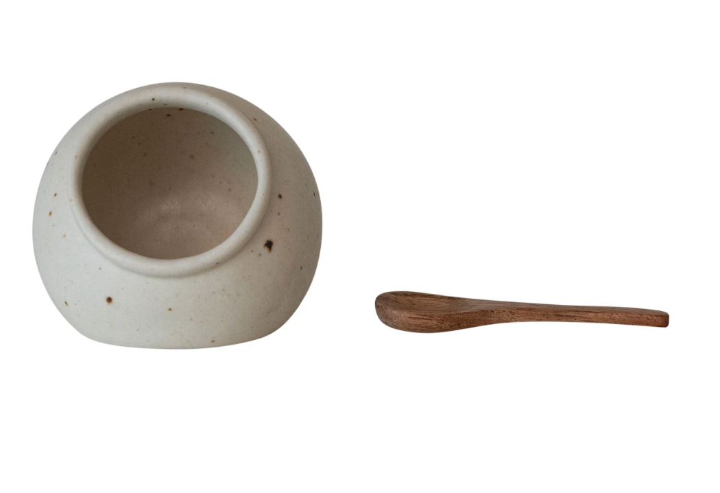 Stoneware Salt Cellar w/ Mango Wood Spoon