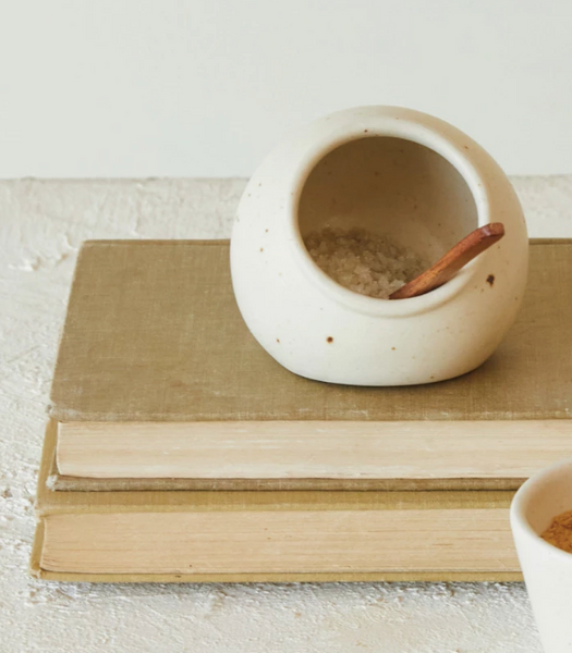 Stoneware Salt Cellar w/ Mango Wood Spoon