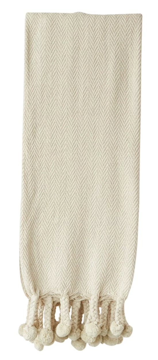 Cream Throw w/ Pom Pom