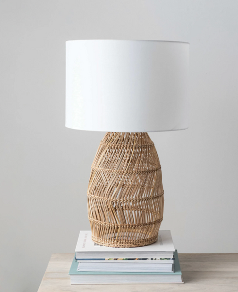 Hand-Woven Cane Table Lamp w/ Cotton Shade