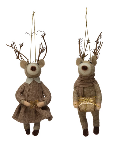 Wool Felt Deer Ornament w/ Twig Antlers
