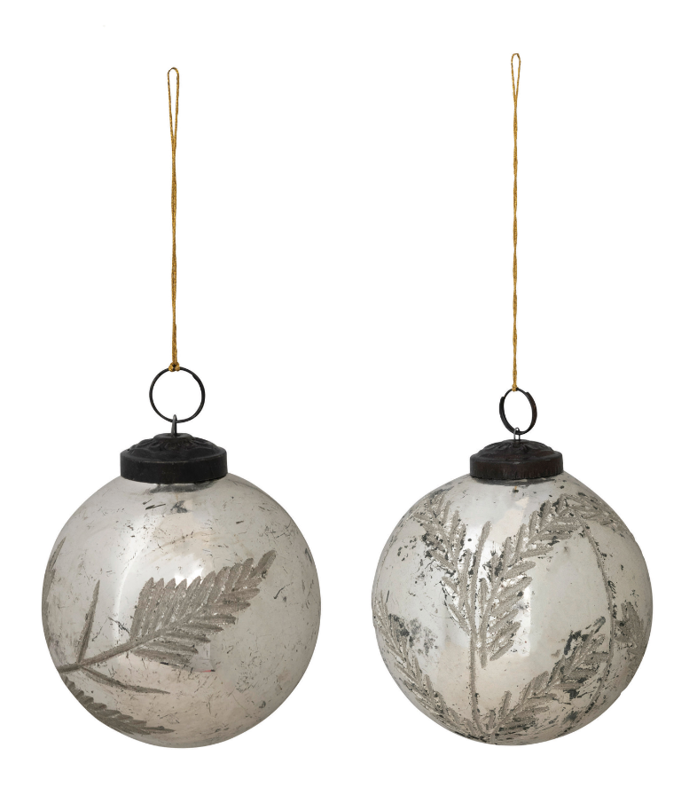 Small Mercury Glass Ball Ornament with Etched Botanical
