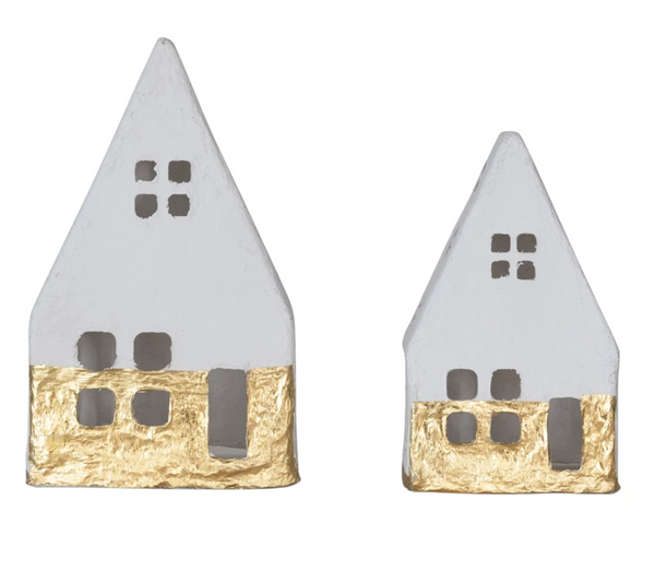 Handmade Paper Mache A-Frame Houses with Gold Foil