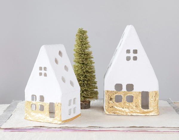 Handmade Paper Mache A-Frame Houses with Gold Foil
