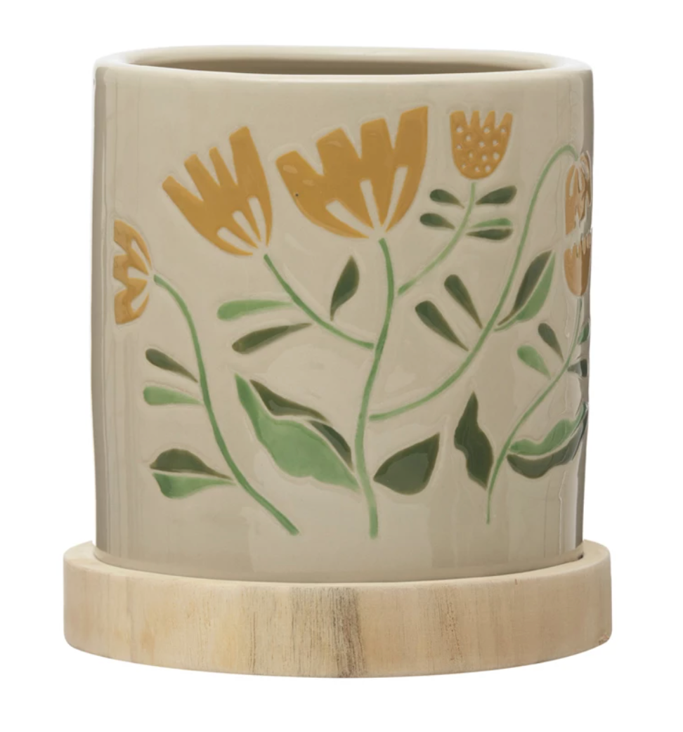 Hand-Painted Stoneware Planter w/ Paulownia Wood Saucer