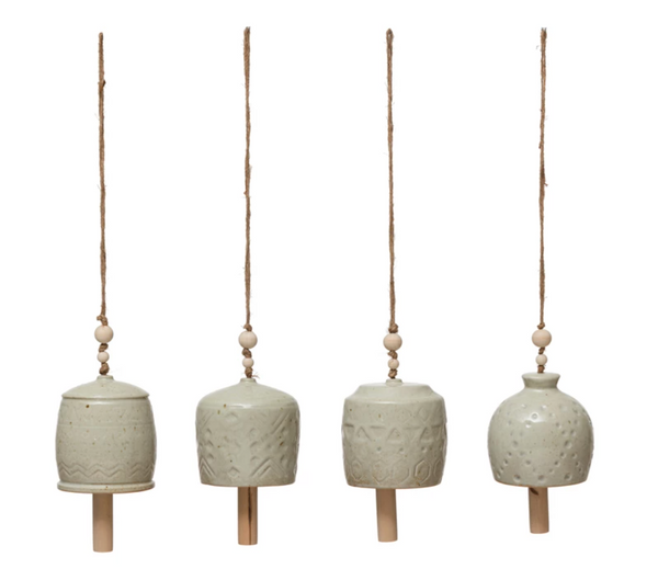 Stoneware Bell w/ Wood Beads, Reactive Glaze