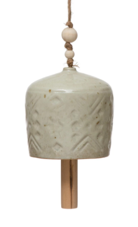 Stoneware Bell w/ Wood Beads, Reactive Glaze