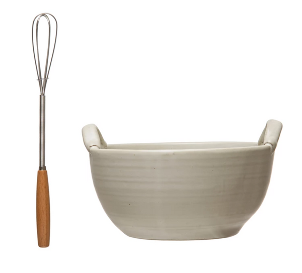 Baker’s Stoneware Bowl w/ Wood & Metal Whisk