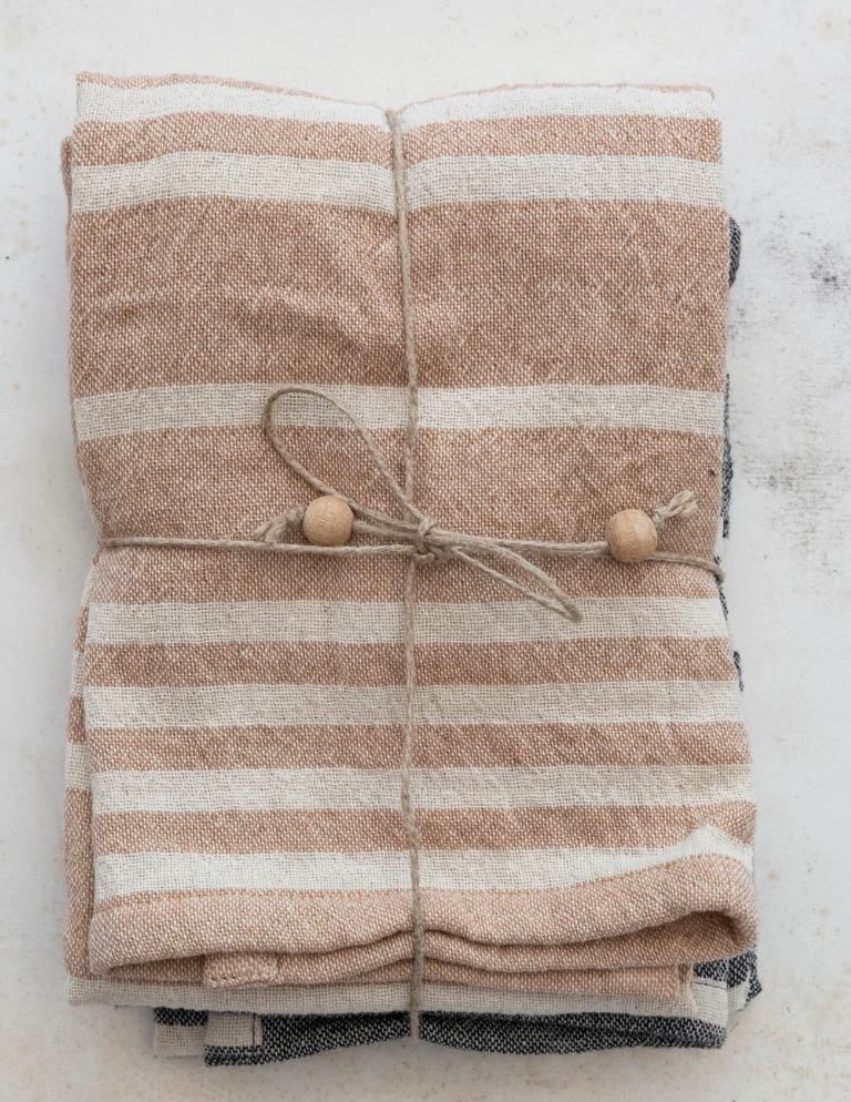 Cotton Double Cloth Striped Tea Towels w/ Jute & Wood Bead Tie