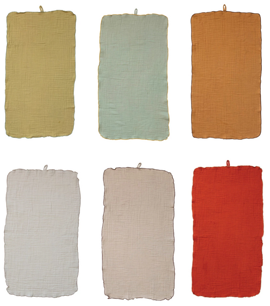 Woven Cotton Double Cloth Tea Towel w/ Contrasting Stitched Edge & Loop