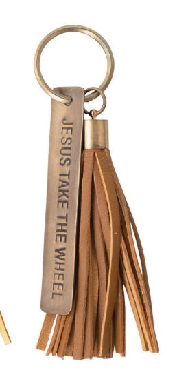 Brass Key Chain w/ Saying and Leather Tassel