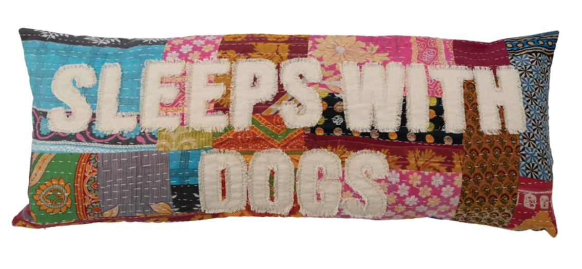 Vintage Kantha Patchwork Lumbar Pillow "Sleeps with Dogs"