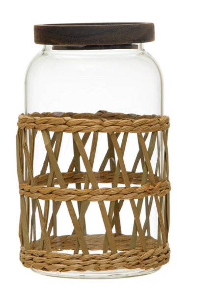 Glass Canister w/ Acacia Wood Lid & Woven Sleeve