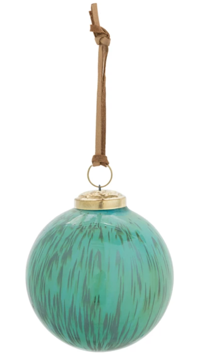 Hand-Marbled Glass Ball Ornament w/ Leather Hanger
